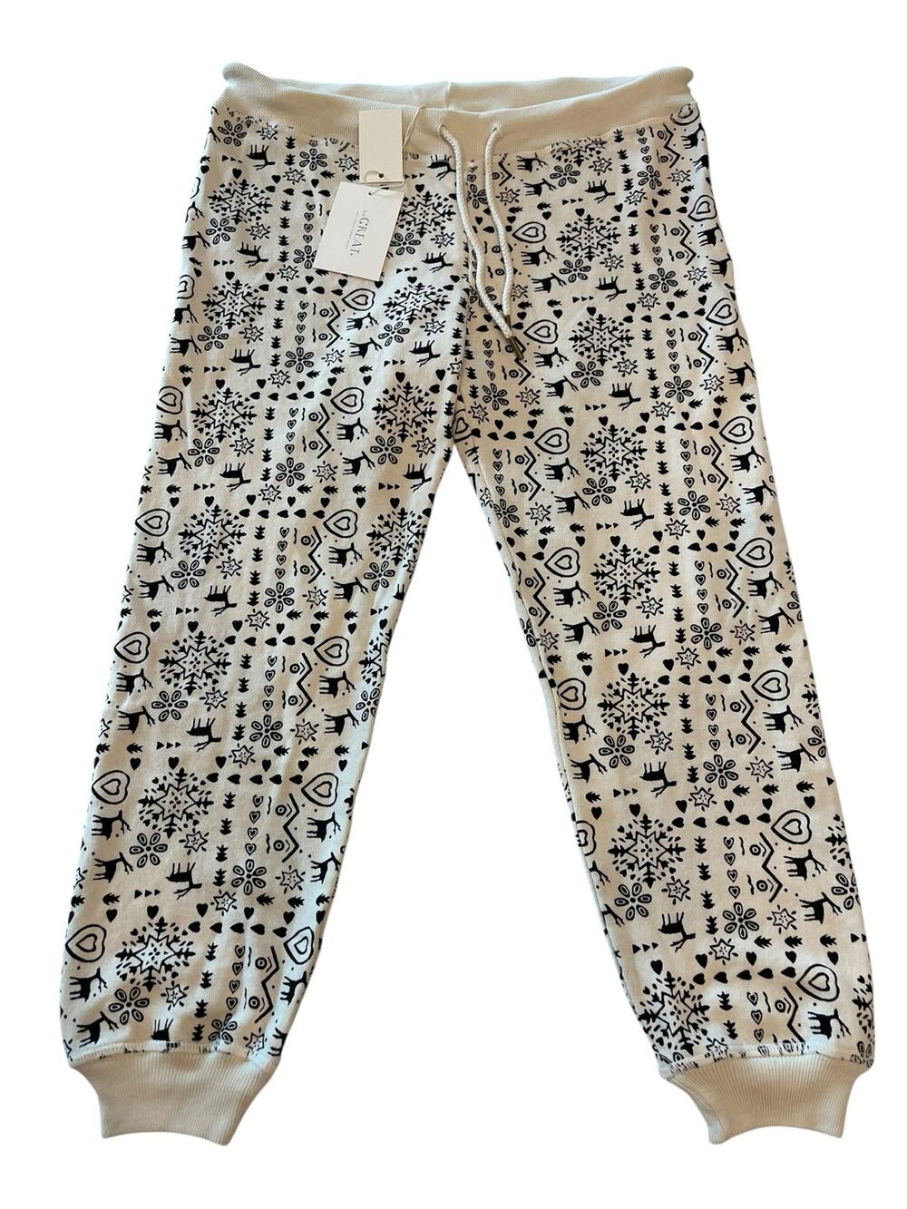 THE GREAT. THE CROPPED SWEATPANTS Washed White Folk Print Drawstring Size 1 NWT